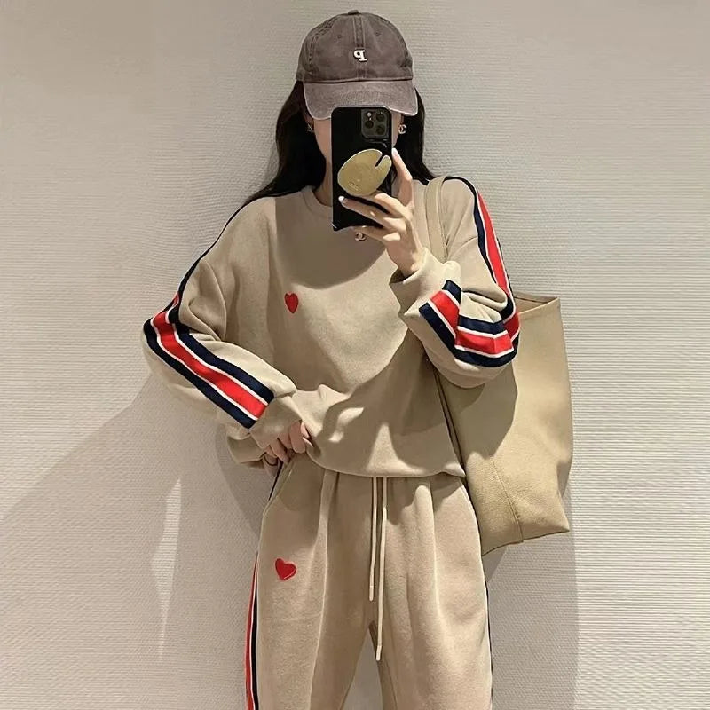 Autumn Cute Love Embroidery Pant Sets Two Pieces Tracksuits Khaki Side Striped Sweatshirt Women Girls Loose Sporty Korean Style - Seprincess