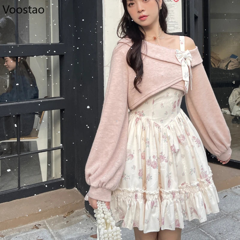 Sweet Lolita Style 2 Piece Dress Set Women Pink Bow Knitted Coat Kawaii Floral Mini Dress Female Korean Fashion Beach Party Suit - Seprincess