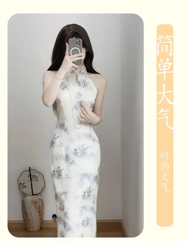 Modern Chinese Style Qipao 2024 New Improved Summer Youth New Hanging Neck Cheongsam Girl Elegant Long Dress With Shawl Women - Seprincess