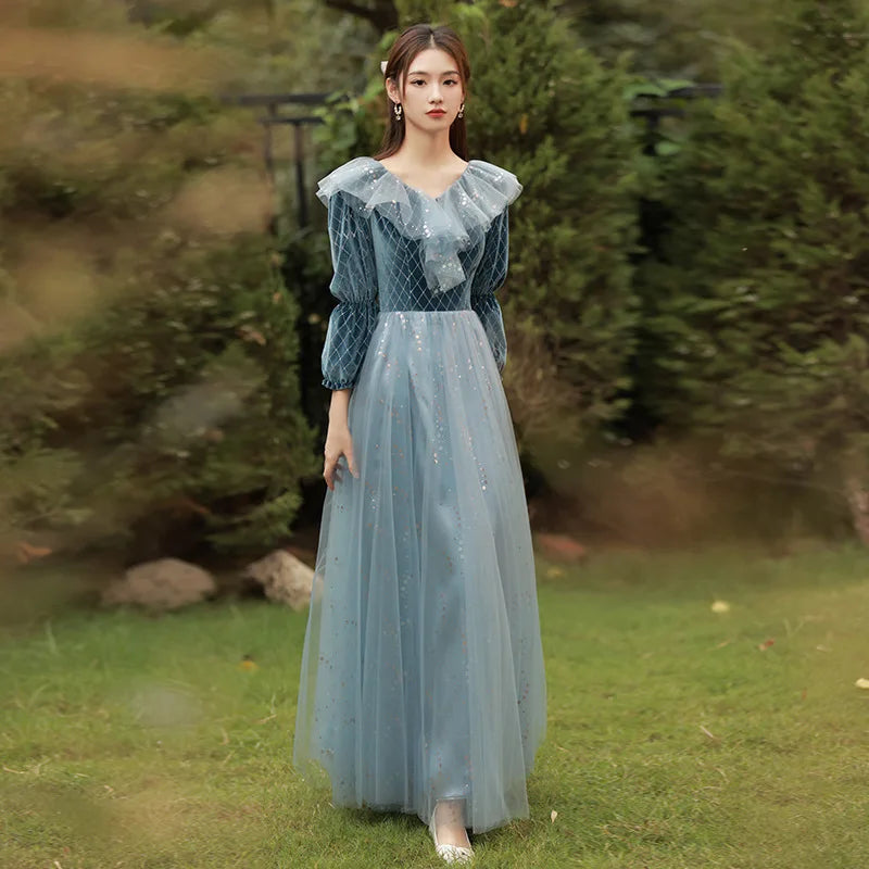 Autumn Winter Bridesmaid Dress New Women's Long Sleeve Corduroy Lace Splicing Style Dress Wedding Sisters Group Evening Dresses - Seprincess