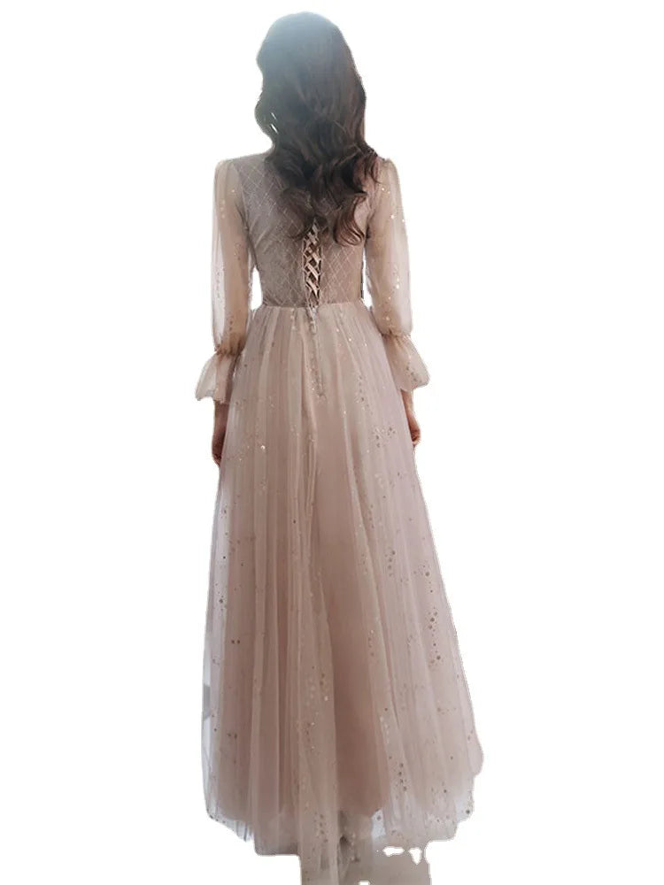 Autumn Winter Bridesmaid Dress New Women's Long Sleeve Corduroy Lace Splicing Style Dress Wedding Sisters Group Evening Dresses - Seprincess