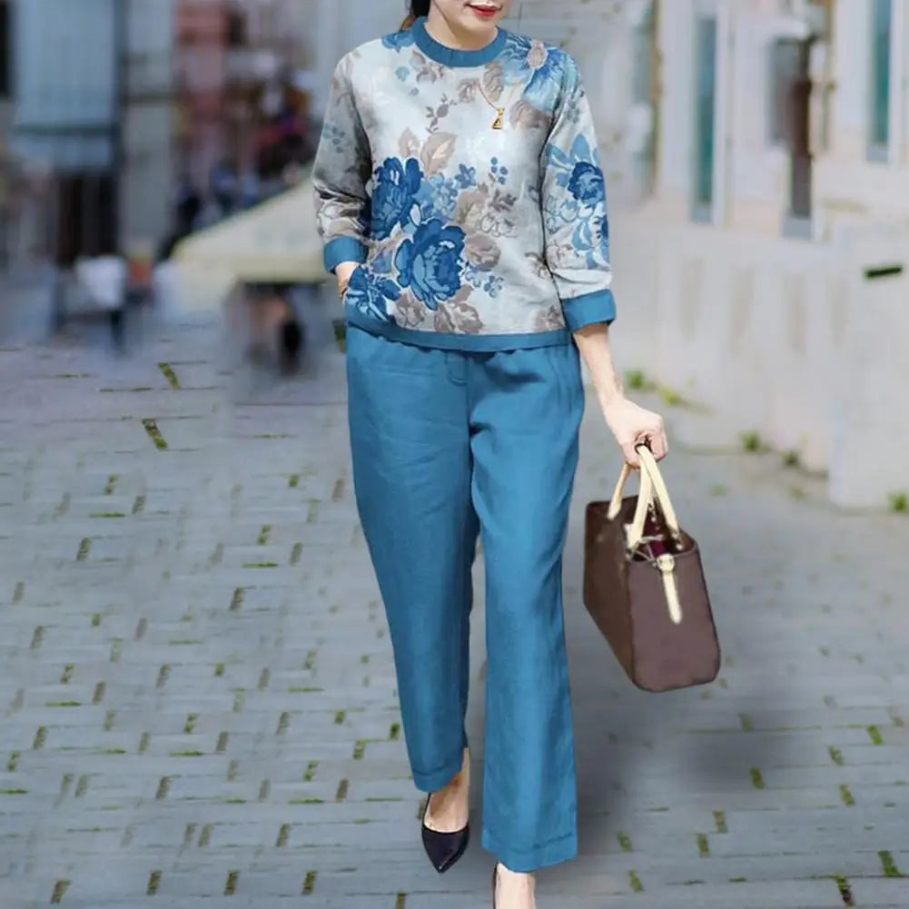 Fashion Women Loose Print Set Female Cotton Linen Outfits Commuter Elegant O-Neck Long Sleeve Tops Shirt And Straight Pants Suit - Seprincess