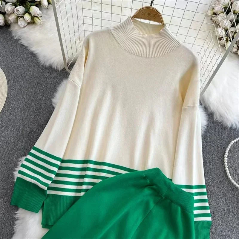 Half High Collar Stripe Stitching Pullover Sweater Womens Korean High Waist Straight Wide Legs Knitted Two Piece Set Sweatshirts - Seprincess