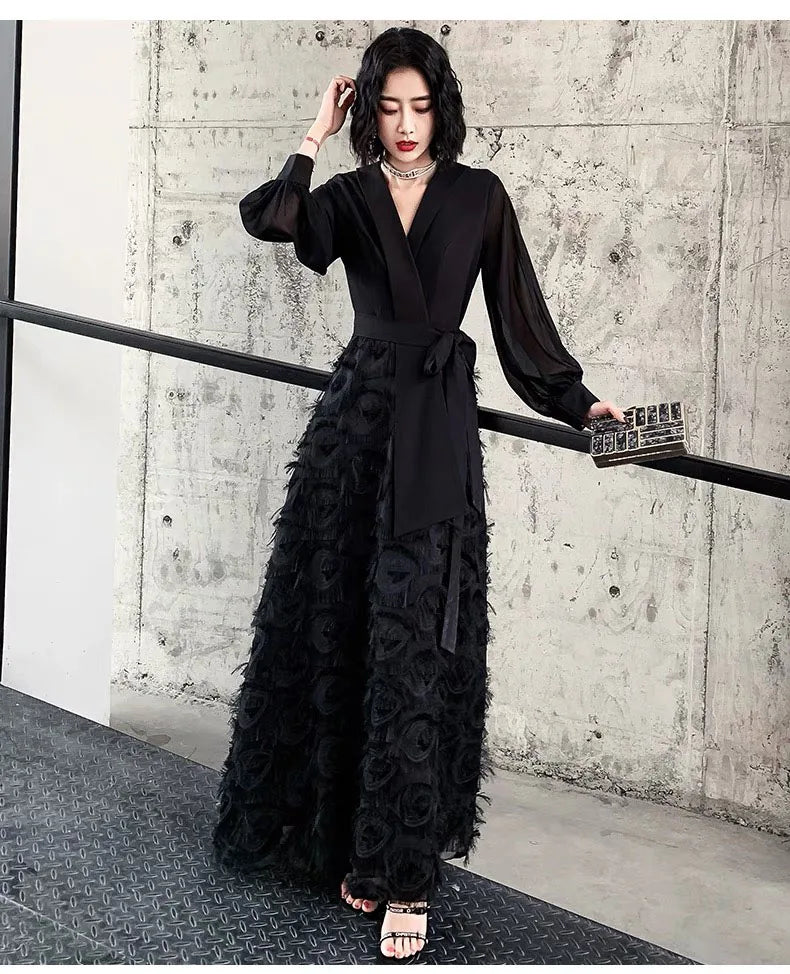 Y2K clothes designer autumn spring black maxi dresses for women traf bow V-neck tassels elegant party evening long dress vestido - Seprincess