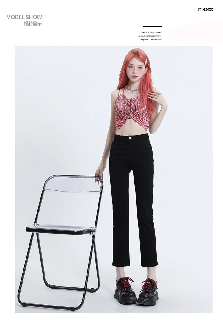 High Waisted Straight Slim Elastic Denim Jeans For Women Smoke Pipe 9,8 Pants Casual Brand Sexy Trousers Female