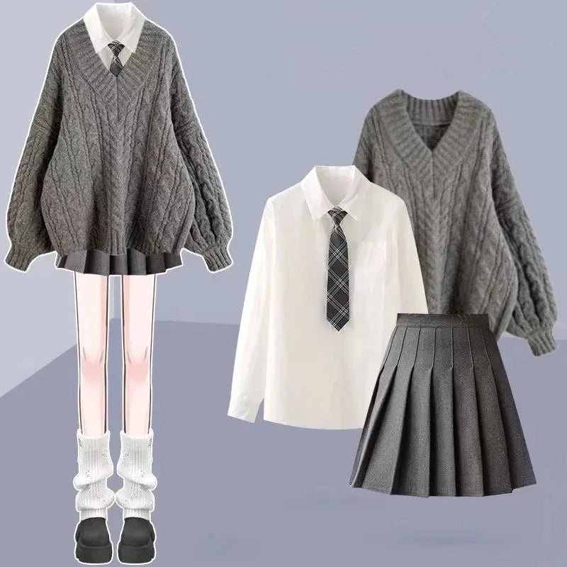 Women Autumn Winter Preppy Style Clothing Korean Loose Sweater White Shirt with Tie Mini Pleated Skirts Sets 2024 Knit Tops Suit - Seprincess