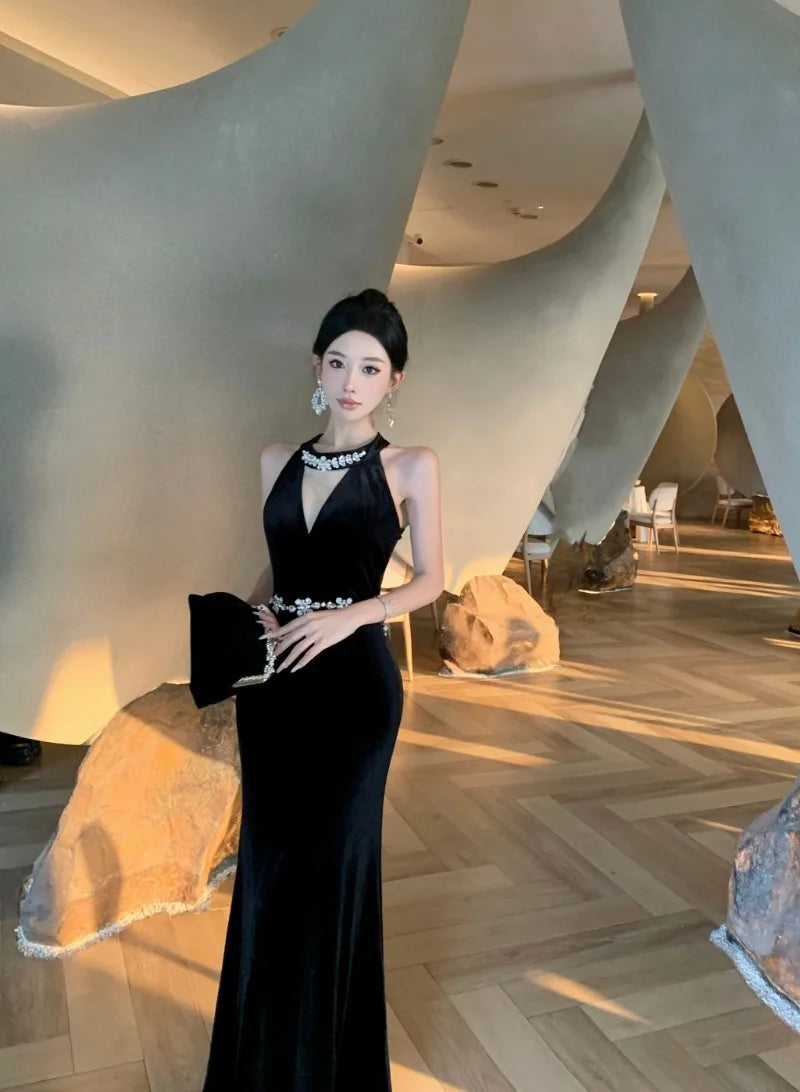 Vintage Luxurious Evening Wedding Party Black Long Dresses for Women Elegant Bodycon Mesh Patchwork Velvet Prom Female Clothing - Seprincess