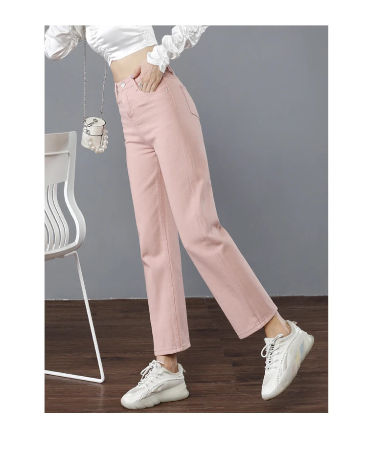 High Quality Korean Denim Jeans Women Straight Pants High Waist Thin White Pink Grey Green Trousers Ladies