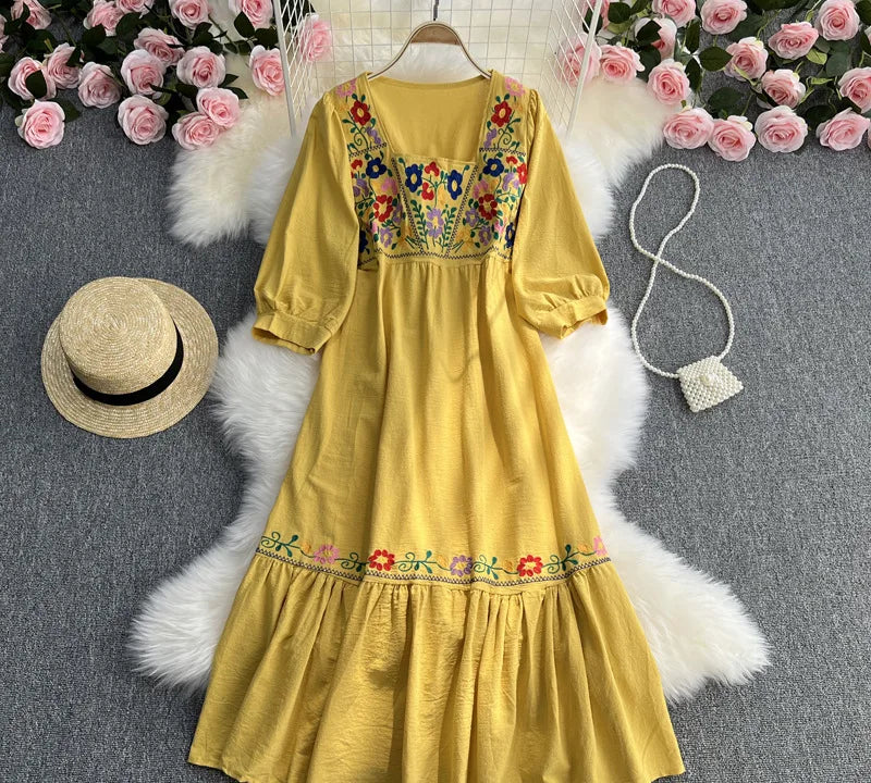 Spring/Summer Women's Travel Vacation Vintage Long Dress Bohemian Ethnic Style Embroidered Waist Tie up Cotton and Linen Dress ? - Seprincess