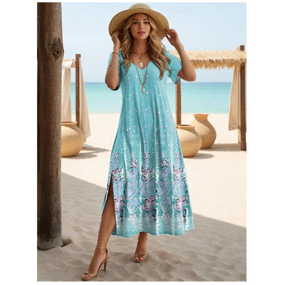 Elegant Dresses For Women Holiday V-Neck Long Dress 3d Vintage Flowers Print Short Sleeve Slit Skirt Summer New Beach Dresses - Seprincess