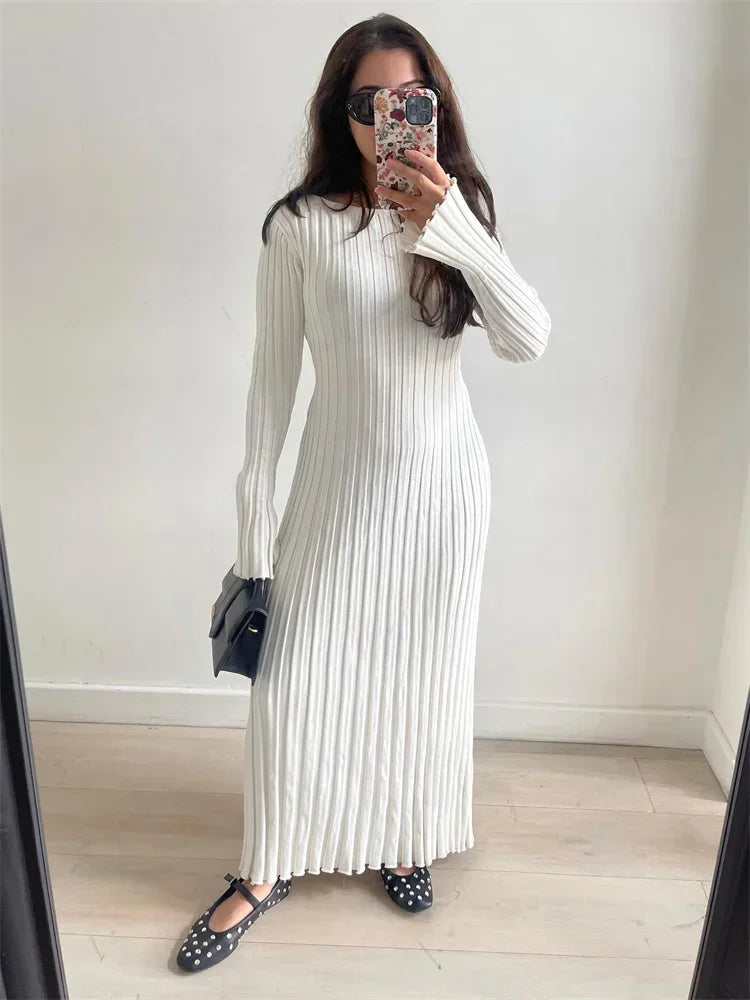 Tossy Lace-Up Female Knit Maxi Dress Autumn High Waist Fashion Patchwork Long Sleeve Loose Solid Dress Bandage Knitwear Dress - Seprincess