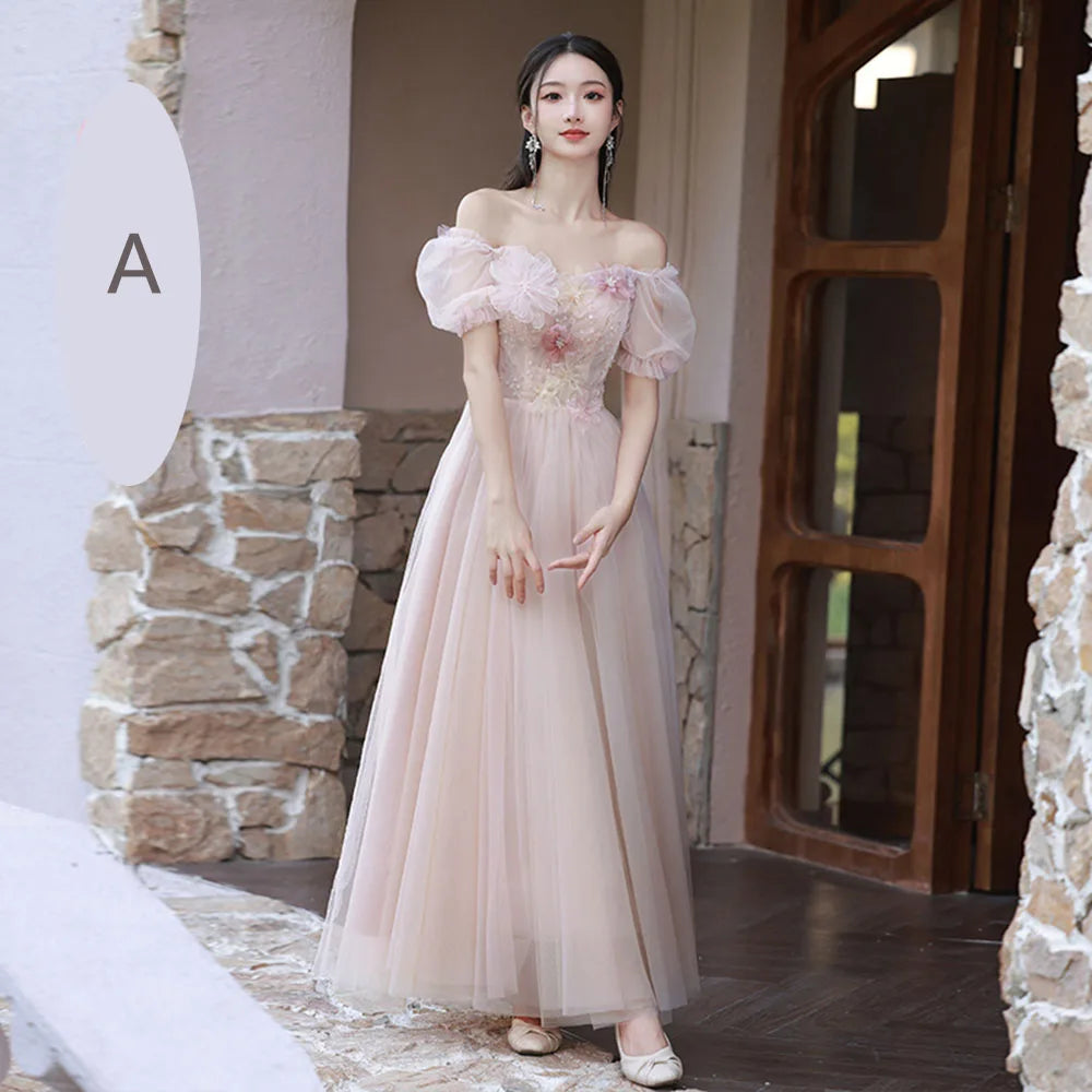 4 Styles Pink Bridesmaid Dress Women's Elegant Thin Tulle Off The Shoulder Flower Appliques A-line Wedding Party Guest Vestido - Seprincess