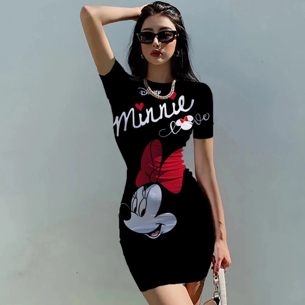 Women's Mickey Mouse print patchwork fashionable knee length O-neck dress, tight fitting summer sexy women's clothing - Seprincess