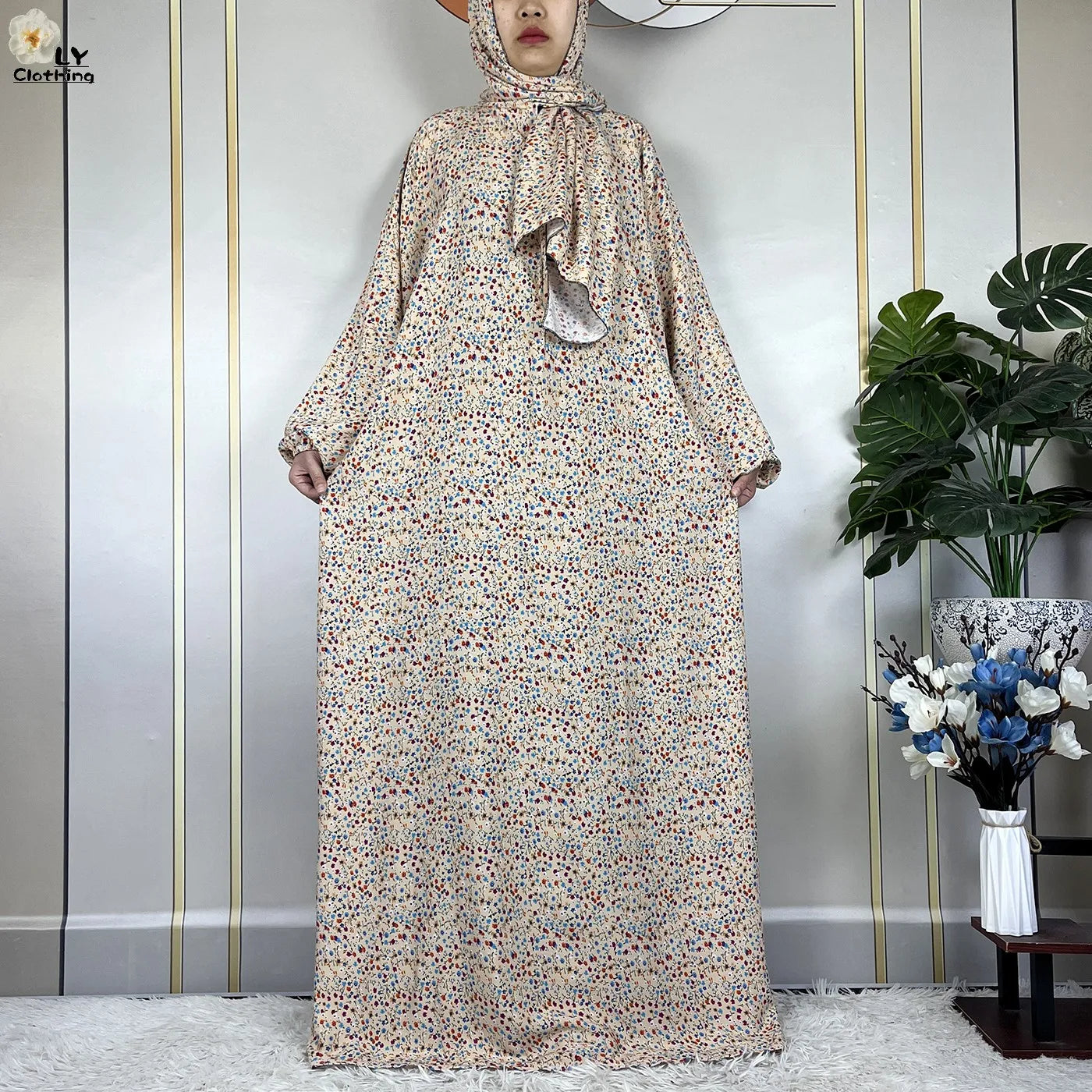 2024Latest Muslim Abayas For Women Ramadan Prayer Maxi Dubai Turkey Femme Cotton Robe Floral Loose African Dress Turban Attached