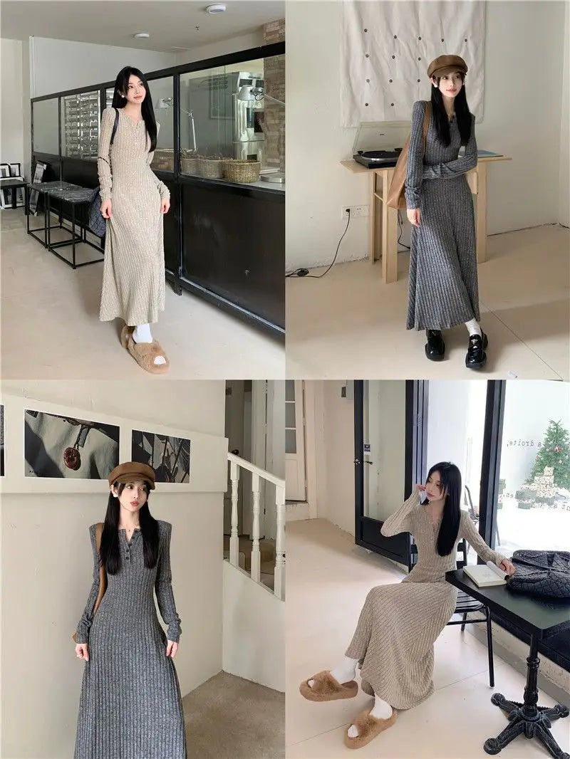 2024 Korean High-end Knitted Dress for Women Autumn/Winter Slim Fit Fashionable Versatile Long-sleeved Woolen Dress for Women - Seprincess