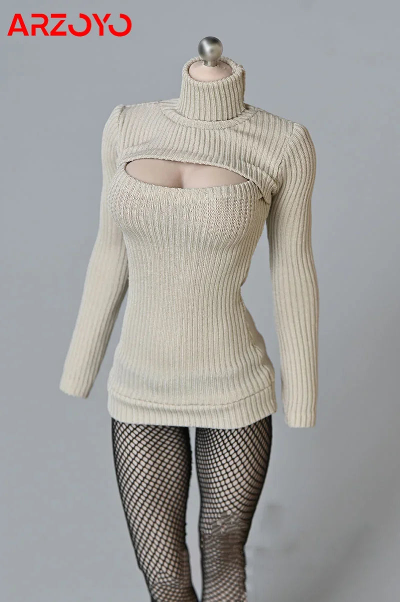 1/6 Female Soldier Sweater Slim Elastic High Neck Knit Pullover Sexy Open Chest Tops Mini Sweater Dress for 12" Action Figure - Seprincess