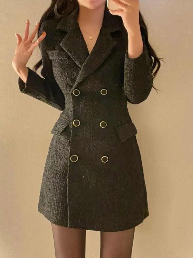 Elegant Tweed Blazer Dress Double Breasted Slim Short Dresses for Women Korean Fashion Office Lady Coat Dress Autumn Winter New - Seprincess