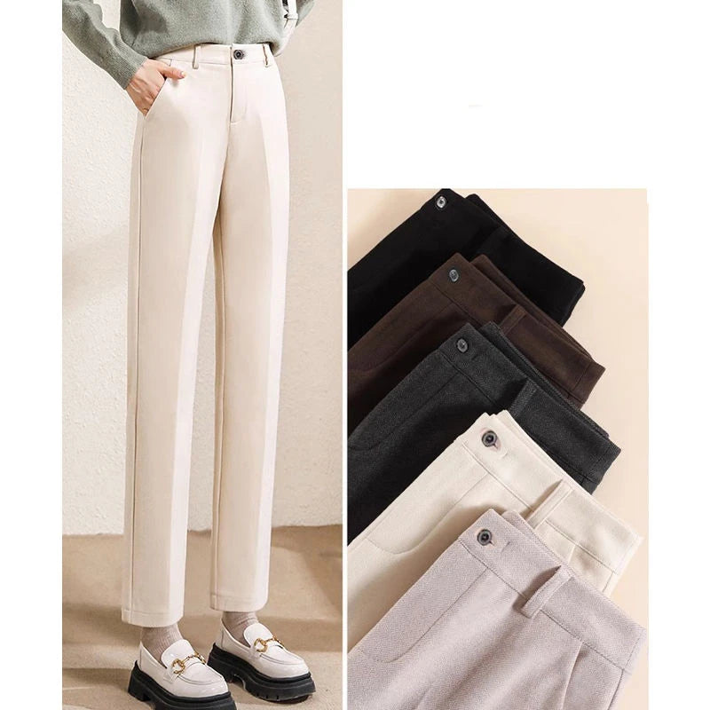 Simplicity Autumn Women Woolen Suit Pants Solid Pockets Button Elastic High Waist Fashion Straight Thicken Ankle Length Trousers