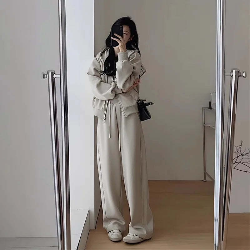 2024 Autumn Winter New Solid Loose Women's Hoodie and Sweatpants Two Piece Set Korean Fashion Y2k Zip Up Hoodie Sweatshirts - Seprincess