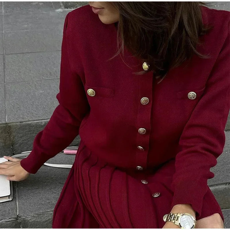 Chic Burgundy Pearl Buckle Women Mini Skirts Set Elegant Long Sleeve Knitted Cardigan Suits 2024 Female Commuting Street Outfits - Seprincess