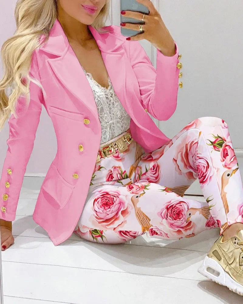 New 2023 Formal Office Pant Sets Women 2PCS Double Breasted Solid Blazers Jacket and Pants Two Pieces Set Female Pant Suits Sets