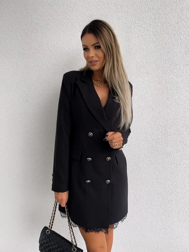 Office Lady Blazer Suit Dress Fashion Wrap V Neck Turndown Collar Sexy Mini Dress Women Long Sleeve Solid Blazer Party Dress - Seprincess