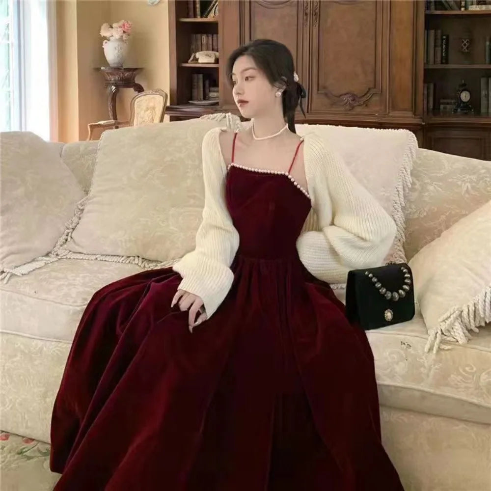 Velvet Spaghetti Strap Burgundy Midi Cocktail Dresses for Women 2024 Elegant Tea Length Prom Midi Dresses - Seprincess