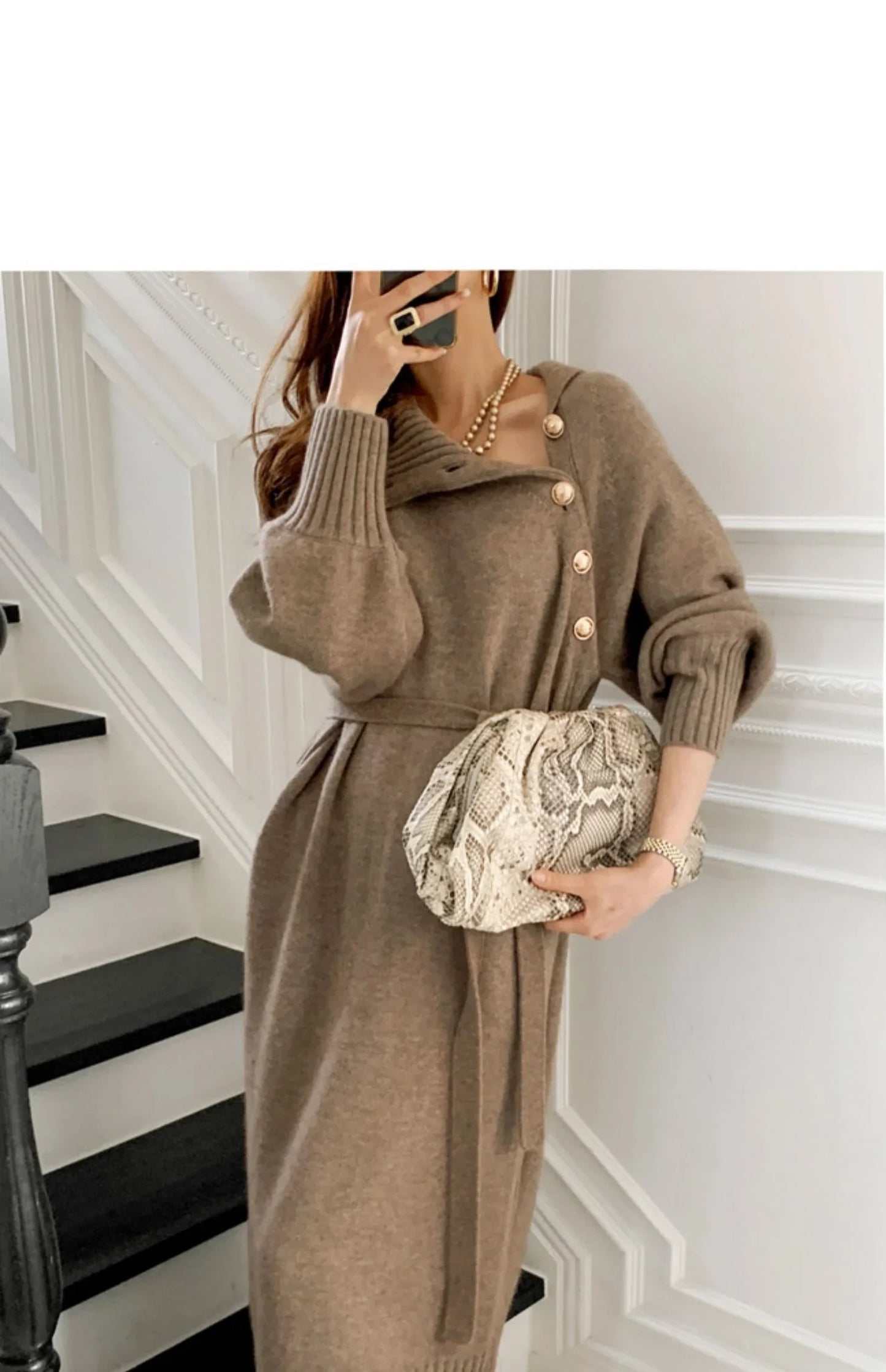 Winter Turtleneck Buttons Women Knitted Dress Elegant Full Sleeve Lace-up Female Thicken Long Dress for Sweater Autumn New