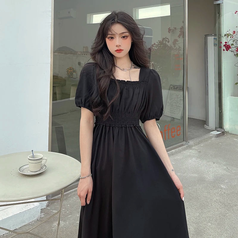 Women Black Folds Elegant Long Dress Retro Loose Sweet Square Collar Female Dress Spring Autumn All Match Casual Ladies Vestidos - Seprincess