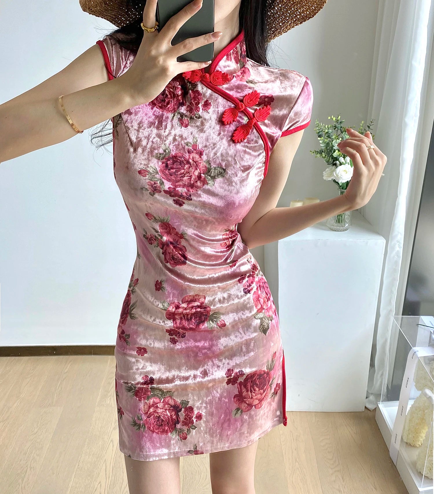 Chinese Dress Pink Sexy Qipao Dresses Cheongsam Dress Velvet Retro Printed Cheongsams Mini Qipao China Dress Robe Chinoise - Seprincess