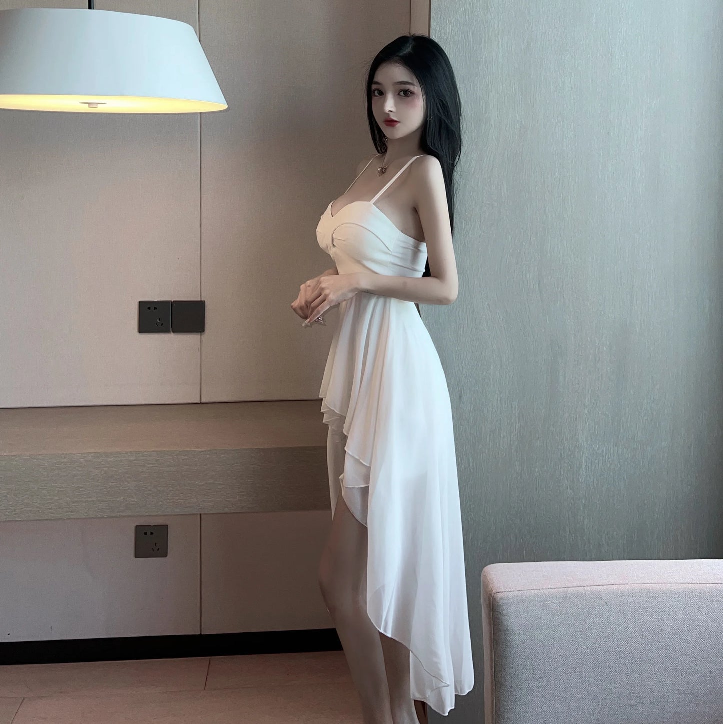 Onalippa Sexy Low-cut Strap Dress Early Spring New Temperament Feminine Irregular Waist Thin Solid Color Big Dresses Female - Seprincess