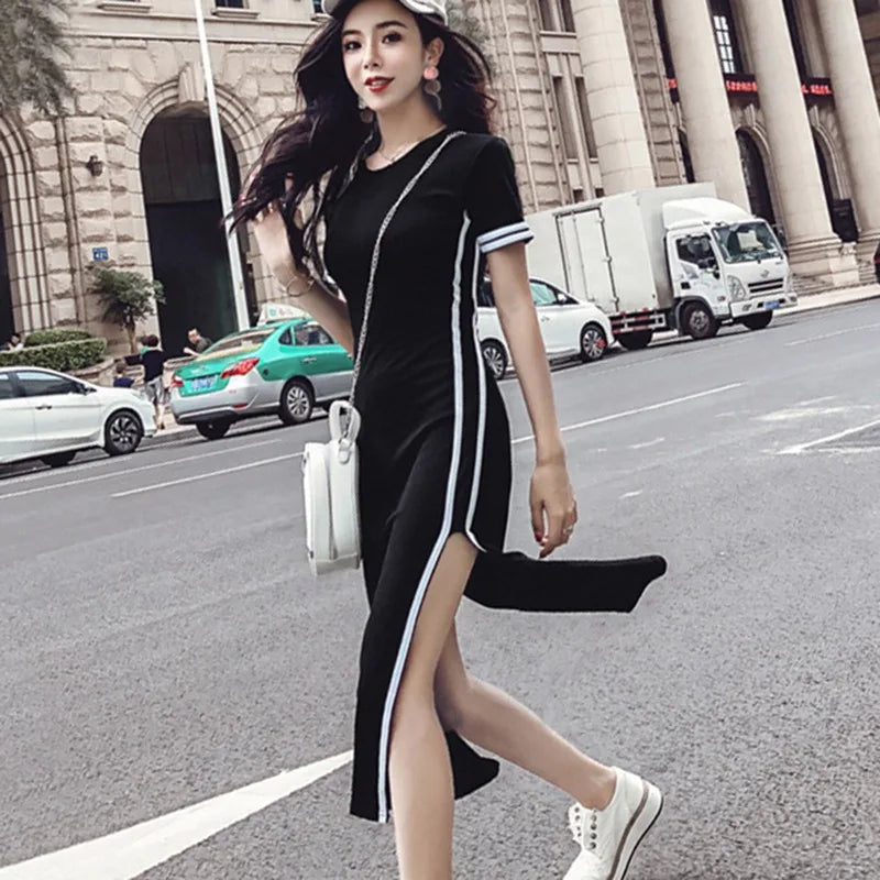 2024 Spring Summer Women Sport Solid Dress Short Sleeved Round Neck Side Split Long Dresses Slim Fit High Waist Casual Ladies - Seprincess