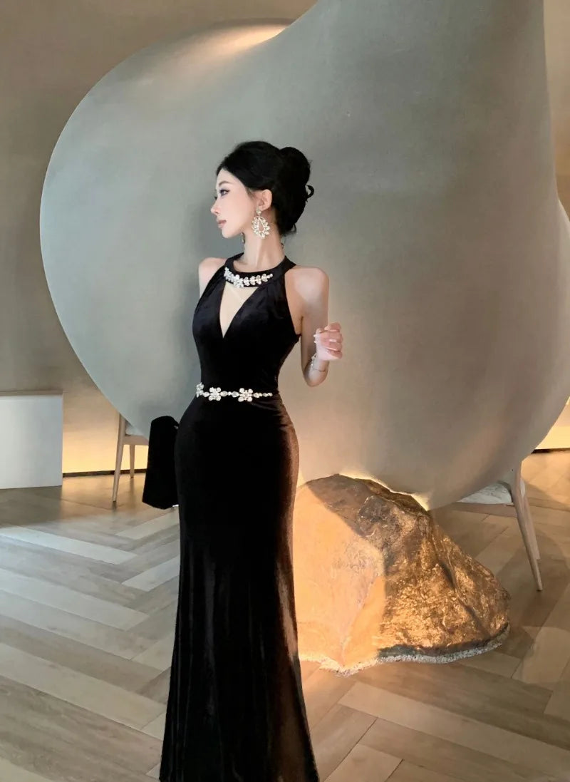 Vintage Luxurious Evening Wedding Party Black Long Dresses for Women Elegant Bodycon Mesh Patchwork Velvet Prom Female Clothing - Seprincess