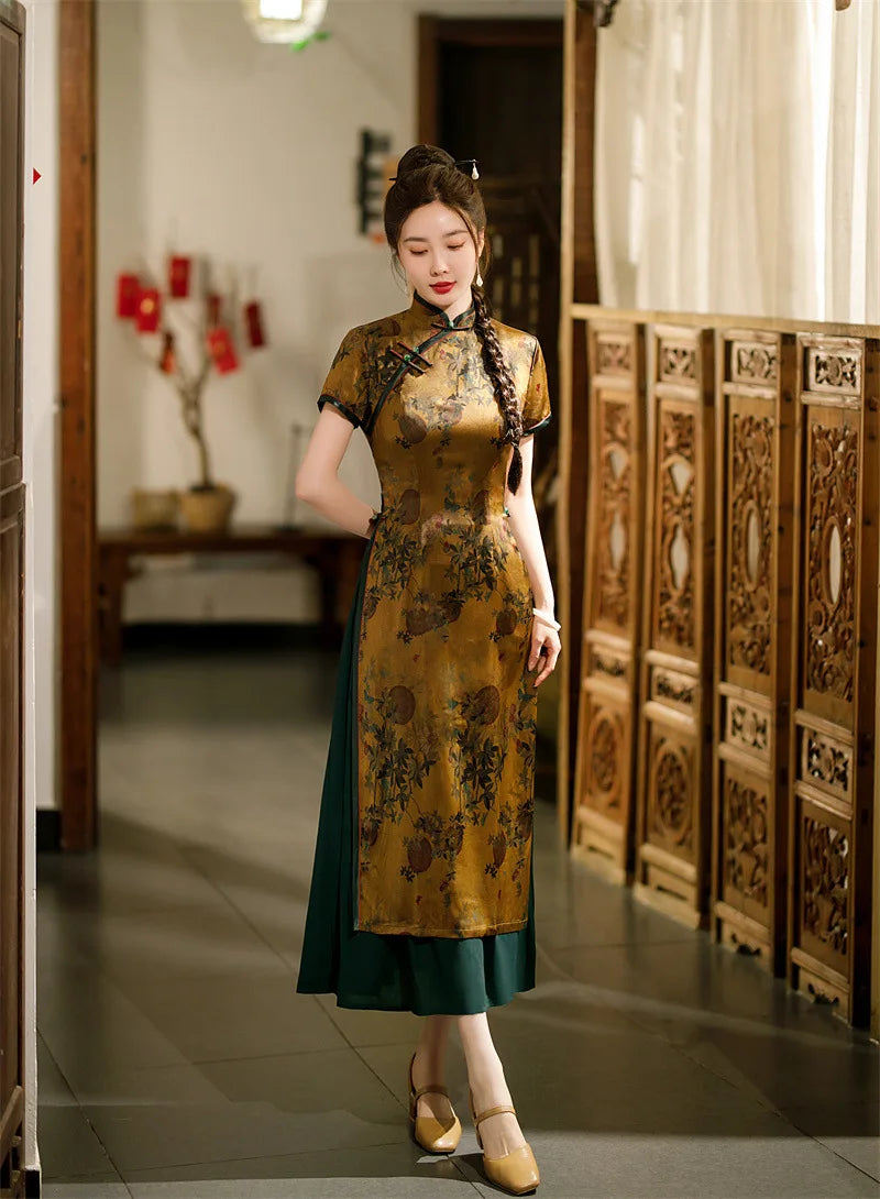 Burgundy Qipao Grace Improved Chinese Style Dresses Lady's Satin Cheongsam Summer Spring Ao Dai Flower Print Dress Oversize 4Xl - Seprincess