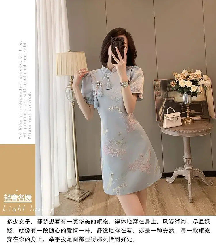 Chinese Style Elegant Cheongsams Dress Summer Women Vintage Floral Embroidery Qipao Mini Dress Lady Chic Tassels Slim Vestidos - Seprincess