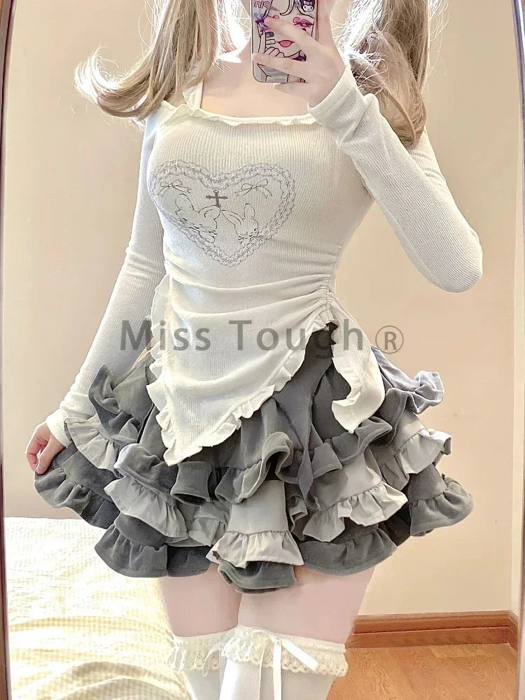 Autumn Japanese Kawaii Two Piece Set Women Sweet Rabbit Print Cute Skirt Suit Female Korean Slim Tops＋Princess Cake Skirt 2024 - Seprincess