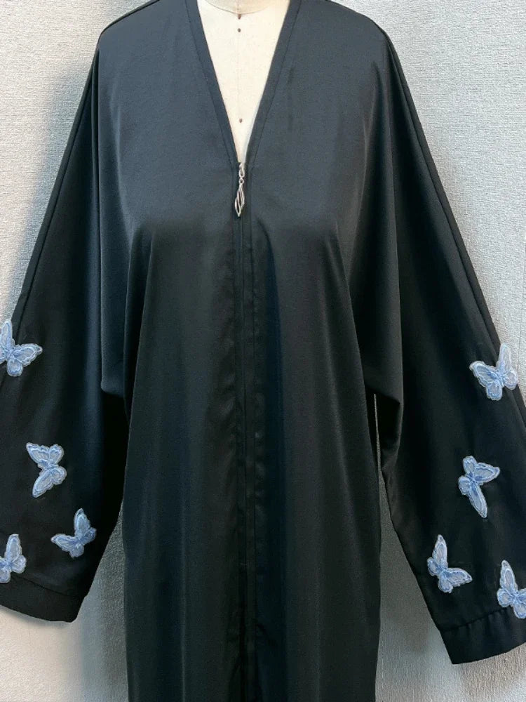 Eid Muslim Abayas for Women Butterfly Embroidery Zipper Up Cardigan Party Abaya Caftan Ramadan Dubai Arab Long Robe 2024 Dress - Seprincess