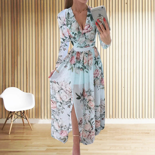 Amazon eBay Cross border 2024 Summer Chiffon Printed Long Dress V-neck Dress Long Sleeve Split Dress Women - Seprincess