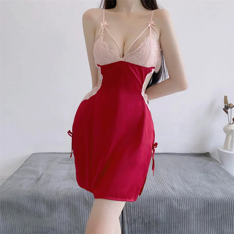 Women Romantic Date Night Short Dresses Sexy Wife Honeymoon Nightdress Sling Backless Hollow Lace Nightgown Satin Pajamas - Seprincess