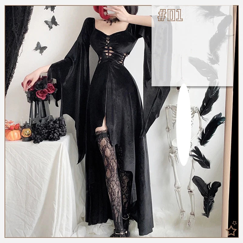 Harajuku Gothic Halloween Costumes Witch Dress Black Vintage Flare Long Sleeve Vampire Bride Outfit Cosplay Death Black Dresses - Seprincess