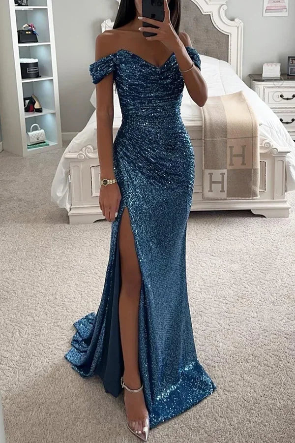 Womens Dresses New Party Sequin One Line Neckline Slit Dress Casual Fashion Dress for Women - Seprincess