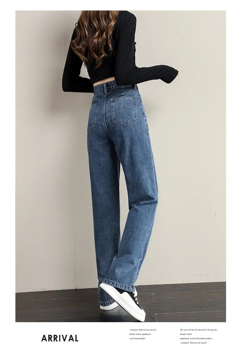 Loose Women Jeans High Waist Design Adjustable Straight Crotch Retro Style Trousers Cotton Fabric Comfortable Casual Style