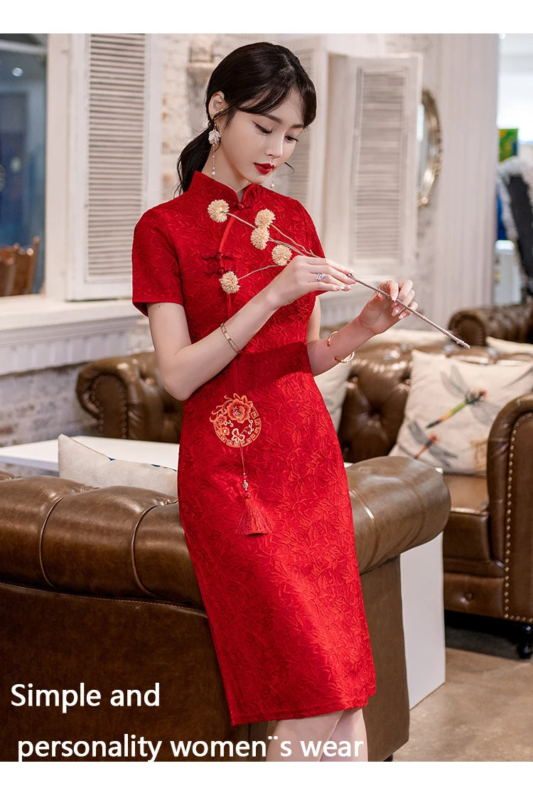 Chinese Traditional Retro Red Modern Improved Cheongsam Summer New Short Sleeve Engagement Qipao Dress - Seprincess