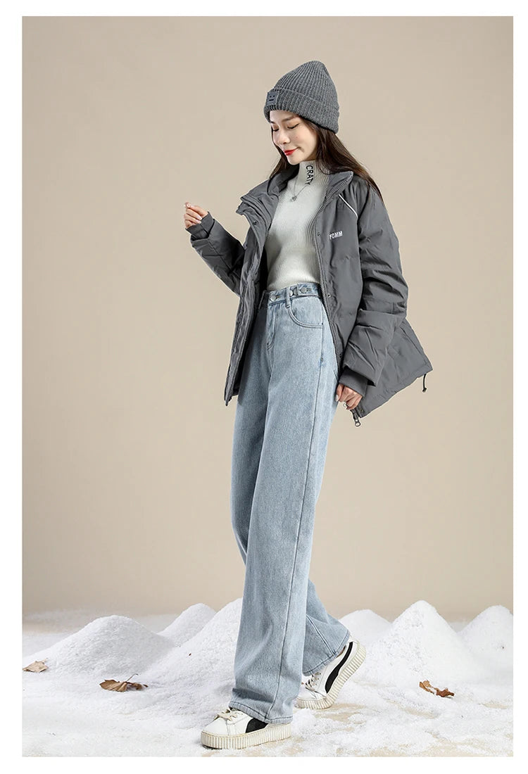 Women Pants 2023 Winter Fashion Korean Edition New Style Versatile High Waist Straight Cylinder Thick Fleece Wide Leg Jeans