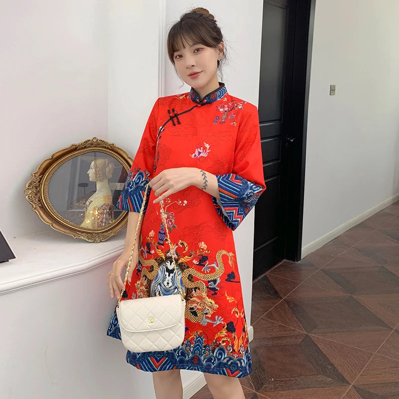 Red Blue Loose 2024 New Fashion Modern Chinese Cheongsam A-line Dress Women 3/4 Sleeve Qipao Traditional Chinese Clothes