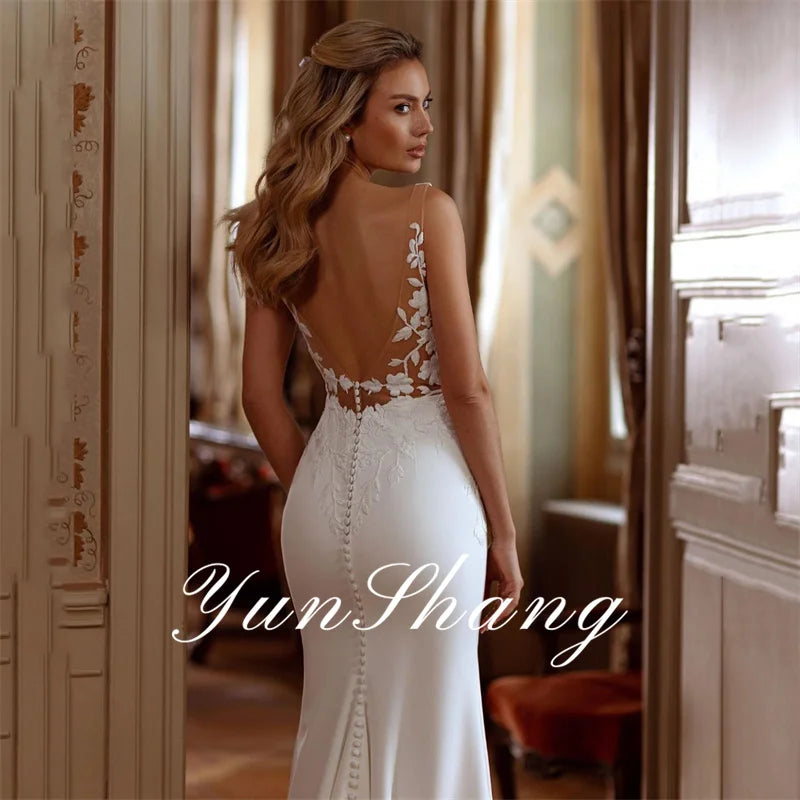 Yunshang Elegant Mermaid Wedding Dresses Women Open Back V-Neck Lace Spaghetti Straps Bridal Gown Sweep Train Vestidos De Novia - Seprincess