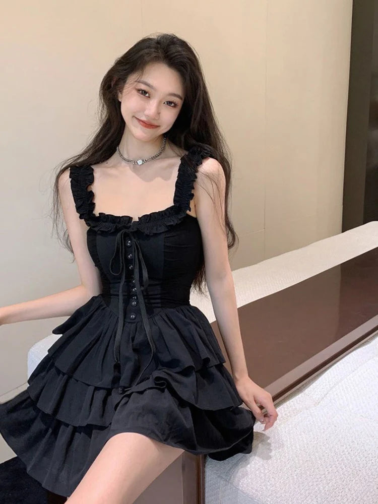 Jmprs Sexy Slip Lolita Style Black Dress Women Vintage Sleeveless Y2K Mini Dress Summer Slim Sweet Korean Lace Up Cake Dress New - Seprincess