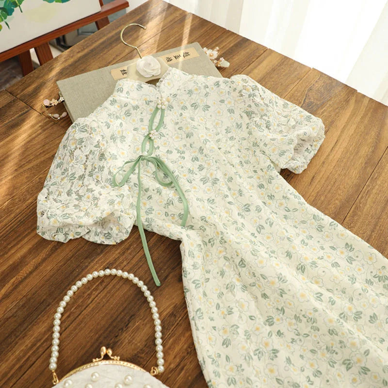 Women Green Forest Fragmented Flower Bubble Sleeve Improved Qipao Summer Young Girls Modern Chinese Dress Long Dresses Cheongsam - Seprincess