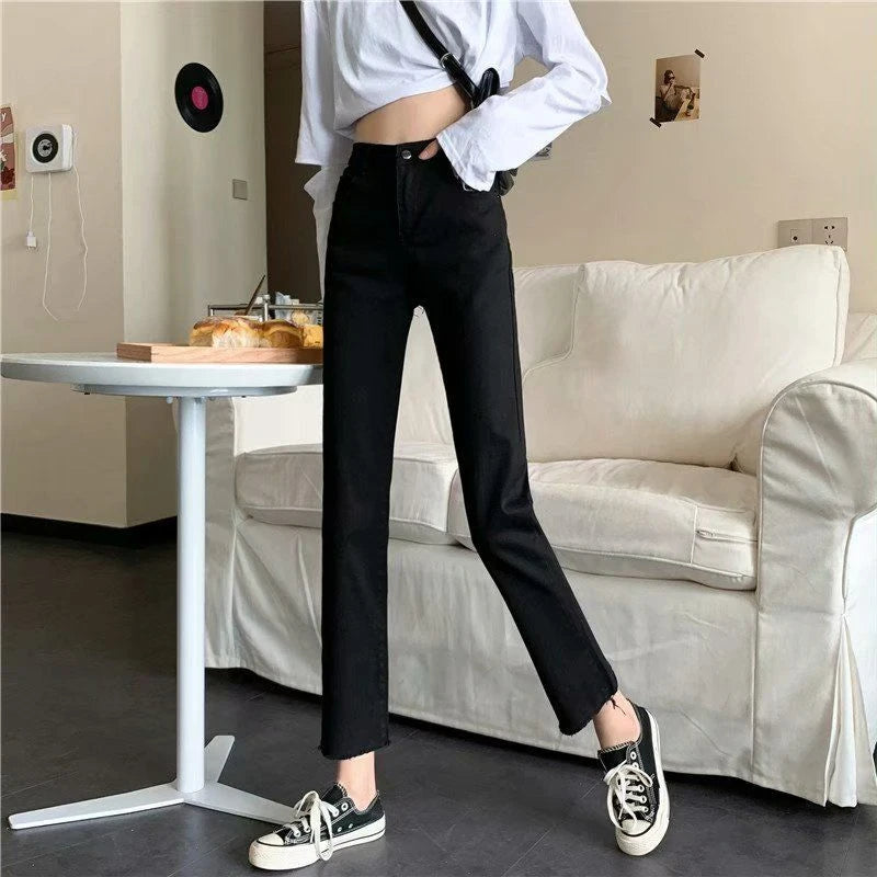 New Stretch All-Match Women Long Pants Black High-Waisted Women's Denim Jeans Straight Classic Trousers Female Raw Edge Slim