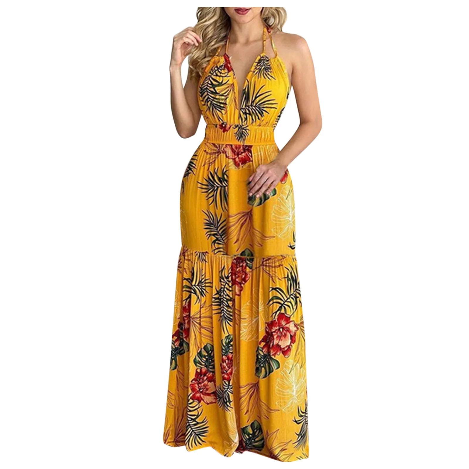 Summer Boho Dress Y2k Cloth Women Floral Print Backless Maxi Dress Elastic Waist Halter V Neck Long Robe Long Dresses Vacation - Seprincess